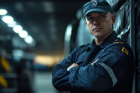 Professional truck driver stands confidently in uniform with arms crossed, symbolizing leadership, reliability, and transport professionalism.の素材