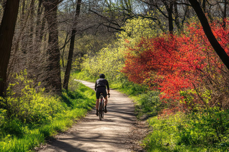 A cyclist rides through a vibrant trail surrounded by blooming spring vegetation, representing energy, fitness, and nature exploration.の素材
