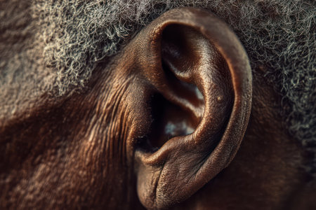 Studio close-up of man ear with deep brown skin and golden light accents, cinematic tone and soft shadows.の素材