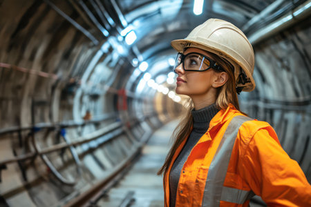 Confident young woman in hard hat and vest surveys metro tunnel construction, exuding leadership in engineering.の素材