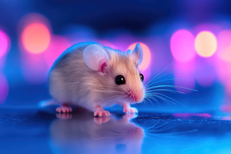 Close-up of a small white laboratory mouse standing alertly with a blurred scientific background, symbolizing medical and genetic research.の素材