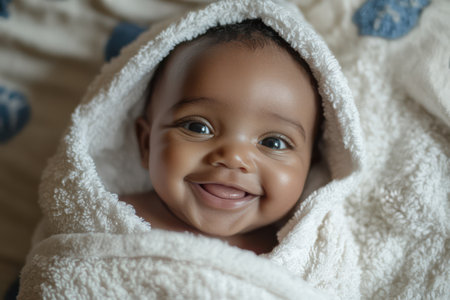 Adorable black baby smiles while wrapped in a white towel, showing warmth, love, and post-bath comfort.の素材