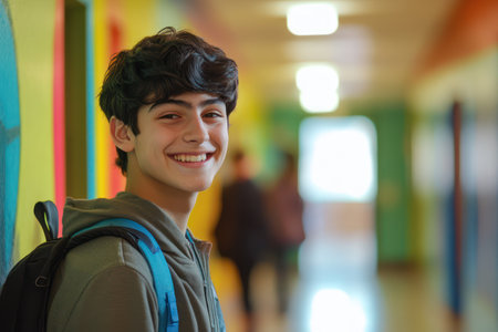 Happy teen boy stands in colorful school hallway with backpack, showing confidence, youthfulness, and school life.の素材