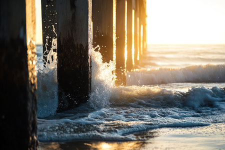 Ocean waves break against aged wooden pilings beneath a pier, illuminated by soft sunlight, evoking serenity and coastal atmosphere.の素材