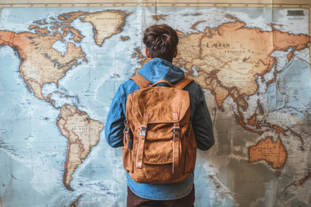 Adventurous young tourist studies a world map while preparing for travel, symbolizing exploration, adventure and global journey planning.の素材