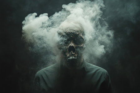Artistic dark scene where human silhouette transitions into smoke shaped like a skull, symbolizing fear, identity, or mystery.の素材