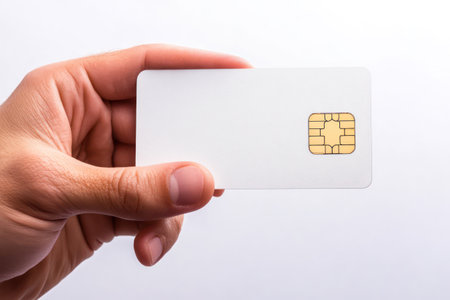 Studio shot of a male hand presenting a blank white payment card against a neutral background, useful for branding mockups.の素材