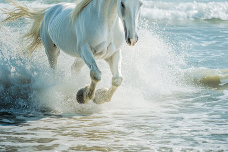 A majestic white horse runs powerfully along the ocean shoreline, kicking up water as waves crash around it.の素材
