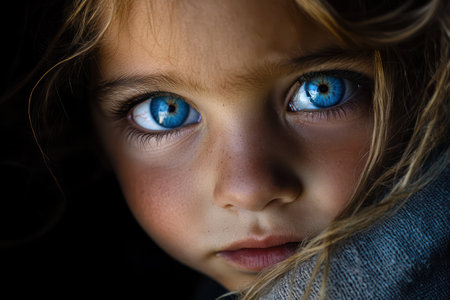 Macro image of a child large blue eye with fair skin, long curled lashes, and dreamy reflections in soft light.の素材