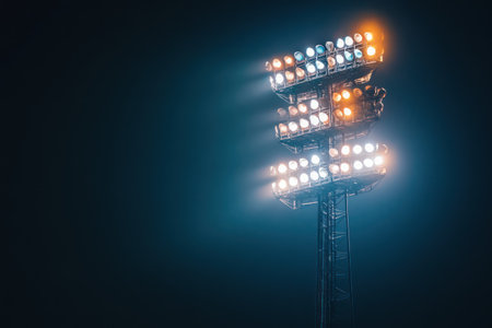 Powerful stadium floodlights beam against black background, emphasizing sporting atmosphere and nighttime energy.の素材