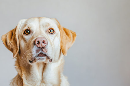 Adorable close-up of light-colored dog looking inquisitively, perfect for pet adoption, animal lovers, and branding.の素材
