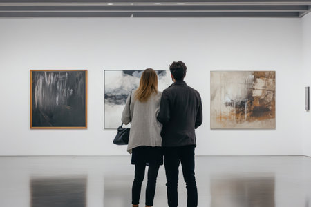 Chic couple in modern gallery space appreciates abstract artworks, embracing culture, creativity, and refined lifestyle.の素材