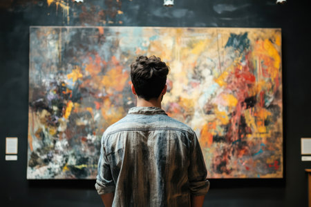 A young man observes colorful abstract artwork in a modern gallery, representing culture, appreciation, and creativity.の素材
