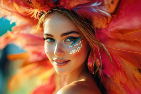 Young woman joyfully dancing during a vibrant carnival, her face decorated with colorful feathers, expressing celebration, rhythm, and festivity.の素材