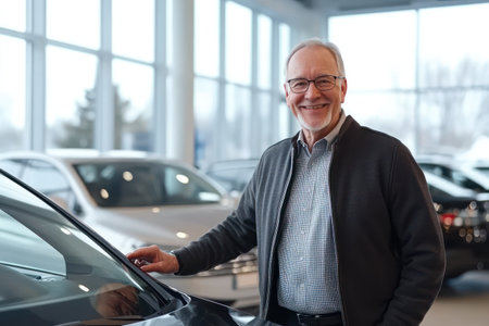 An older man smiles proudly next to his newly purchased car, symbolizing satisfaction, success, and personal achievement.の素材