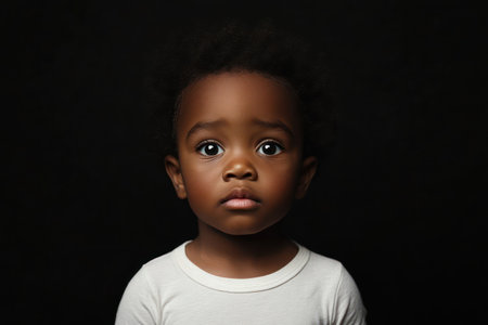 A young African child gazes thoughtfully with deep emotion. The dark background enhances their expression and presence.の素材