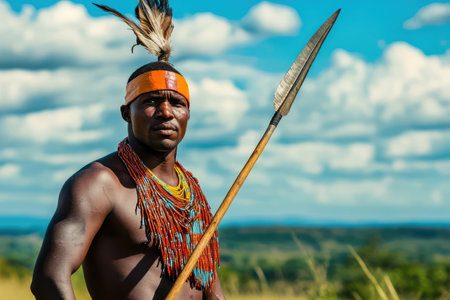 An indigenous African warrior stands proudly in a field, dressed in traditional attire and holding a spear, symbolizing strength.の素材