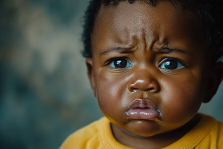 An emotional image of a baby crying intensely, eyes shut tight, conveying discomfort, vulnerability, and raw emotion.の素材