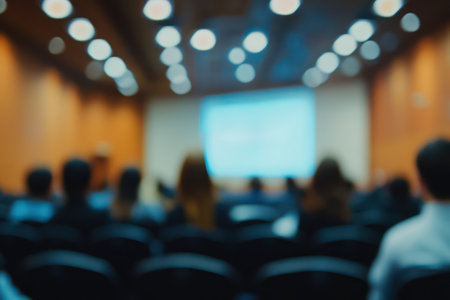 Out-of-focus image of professional training session in large hall. Attendees sit in rows, corporate education, teamwork concept.の素材