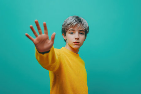 Young boy in yellow sweater and scarf raises open palms in front of turquoise background, signaling refusal or defense.の素材