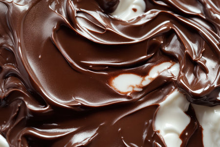 Close-up view of melted dark chocolate blending with creamy white swirls, perfect for dessert backgrounds and sweet food visuals.の素材