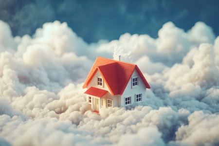 Surreal image of a small house among clouds, representing home insurance, dreams, safety, and stability in uncertain skies.の素材