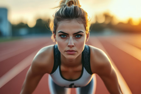 Confident woman crouches in sprint stance at dusk. Strength, balance, and ambition shown in competitive sports moment.の素材
