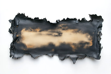 Cutout effect of a burnt and charred paper edge with a scorched border, isolated on a white background for design use.の素材