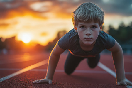 Child in running gear set at race start, intense focus in eyes. Youth athleticism, future sportsmanship, and drive.の素材