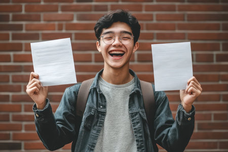 Happy student cheers while holding exam paper. Bright moment of academic achievement, hard work reward, and youthful success.の素材