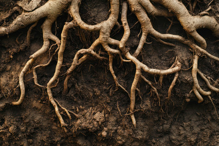 Detailed shot of natural tree roots beneath soil surface. Symbol of stability, growth, and natural support systems.の素材