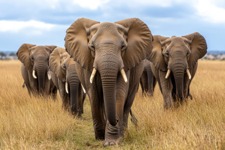 Large herd of African elephants advancing across dry terrain toward the viewer, showcasing wildlife, strength, and migration.の素材