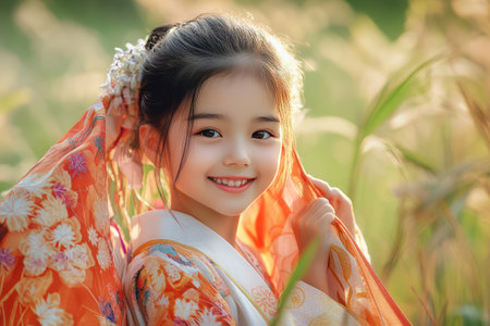 Young Asian girl wearing traditional clothing smiles brightly in natural setting, celebrating cultural roots with joy and pride.の素材