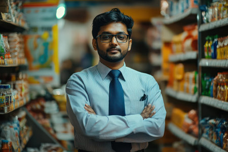 Professional retail employee in store uniform standing ready to help customers, representing service, professionalism, and hospitality.の素材