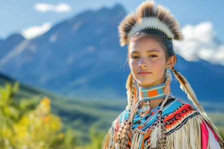 Proud indigenous girl in ceremonial outfit poses with beautiful mountain scenery behind, honoring her cultural roots.の素材