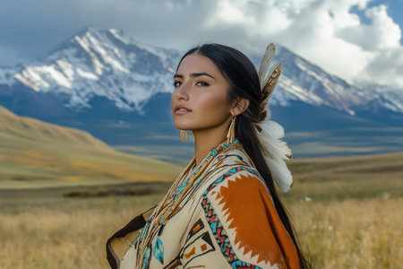 Proud indigenous girl in ceremonial outfit poses with beautiful mountain scenery behind, honoring her cultural roots.の素材