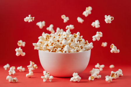 Golden popcorn falls into bowl against vibrant red backdrop, symbolizing snacks, cinema time, fun nights, and tasty treats.の素材