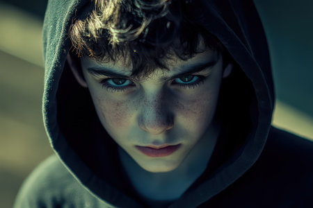 Portrait of young boy in hooded sweatshirt, gazing with intensity, evoking secrecy, emotion, and inner depth.の素材