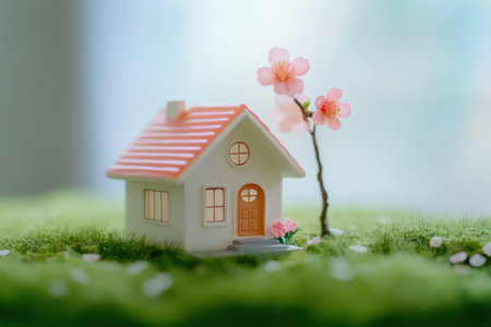 Miniature house with cherry blossoms on grass, symbolizing eco-friendly housing, spring season, and sustainable living.の素材