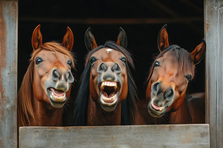 Three smiling brown horses in a stable look like they laughing. Humorous animal portrait with farm vibes.の素材