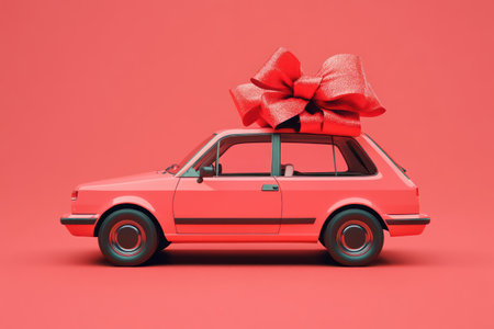 Side view of modern car with big red bow on roof, isolated on solid background, symbolizing gift or celebration.の素材