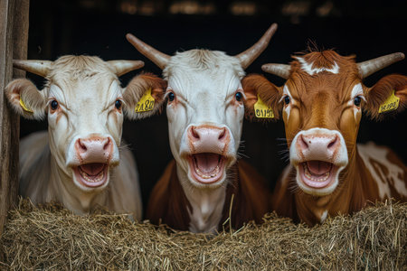 Three cows in a barn appear to be laughing, showing teeth. Light-hearted animal humor and rural charm.の素材
