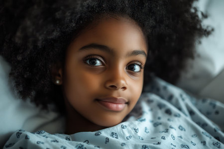 A sweet young black girl lies calmly in a hospital gown, looking serene and well-rested, evoking peace and gentle recovery.の素材