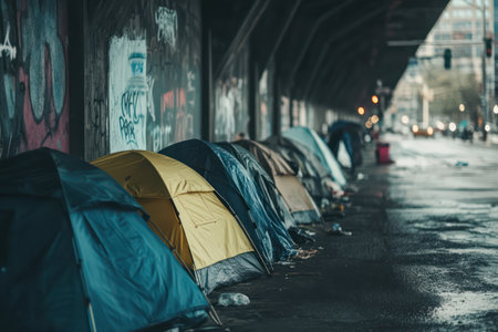 A row of tents under a city bridge shows urban homelessness, unemployment, and social inequality in a modern metropolitan area.の素材