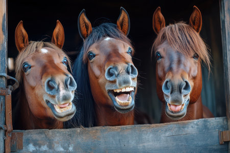 Three smiling brown horses in a stable look like they laughing. Humorous animal portrait with farm vibes.の素材