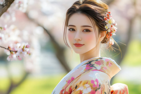 Elegant woman in kimono enjoys blooming spring park under sunlight, showcasing cultural heritage and natural beauty.の素材