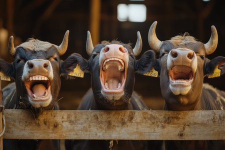 Three bulls in a barn appear to be laughing, showing teeth. Light-hearted animal humor and rural charm.の素材