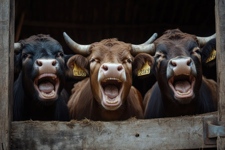 Three bulls in a barn appear to be laughing, showing teeth. Light-hearted animal humor and rural charm.の素材