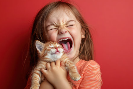Little girl looking annoyed while holding a cat. Contrast of cuteness and irritation in clean studio setting.の素材
