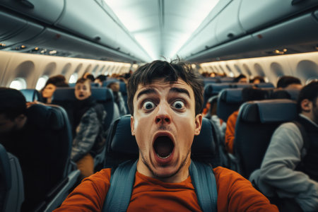 Young man in airplane aisle looks shocked, eyes wide open, expressing fear of flying or dramatic turbulence during flight.の素材